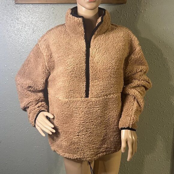 No Boundaries Faux Sherpa Pullover CAMEL L Dip Down with Black Trim Long Sleeve - Picture 1 of 8
